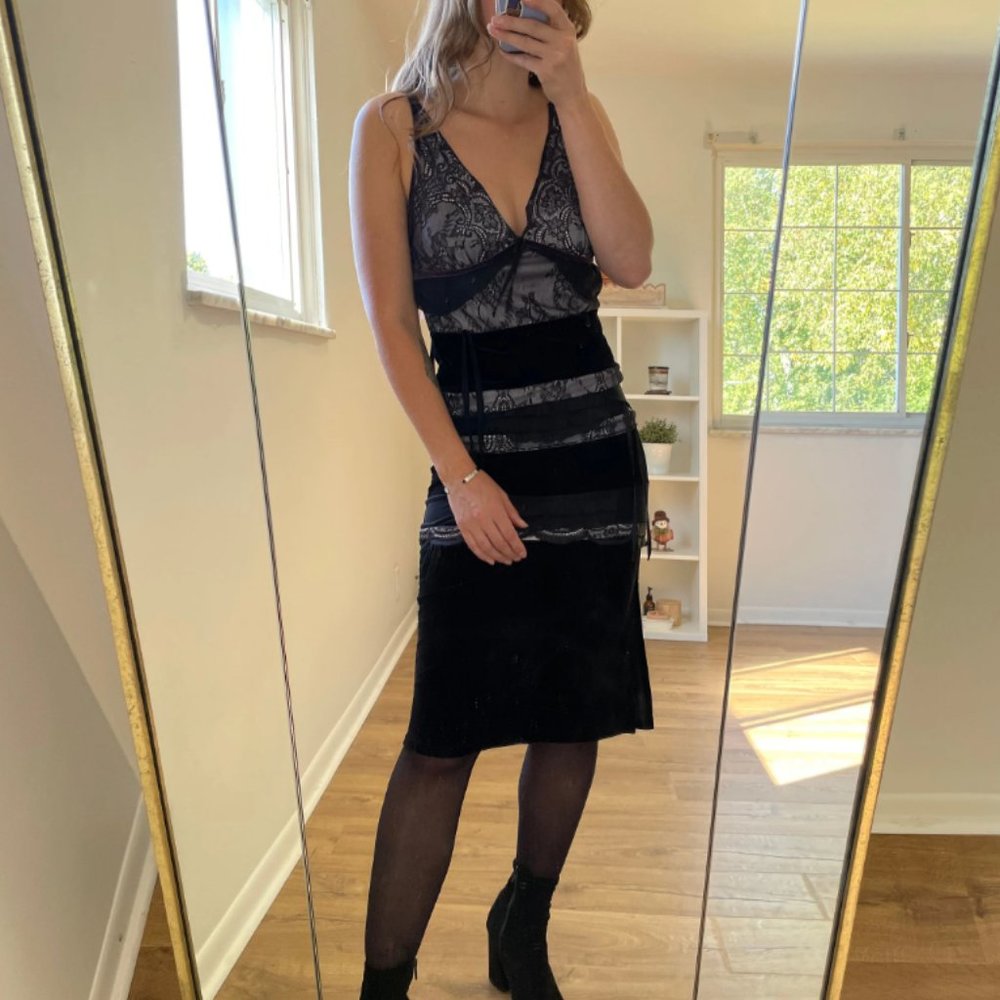 Purple and Black Velvet and Lace Strappy Dress - SMALL